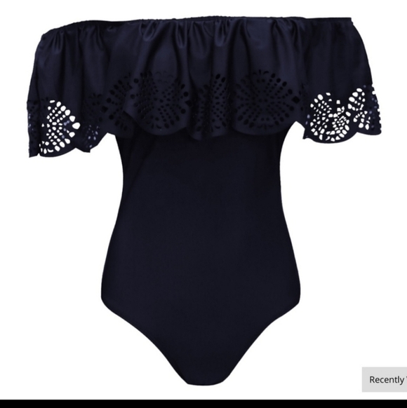 Black Ruffled Off the Shoulder 1 Piece Swimsuit - Picture 4 of 12